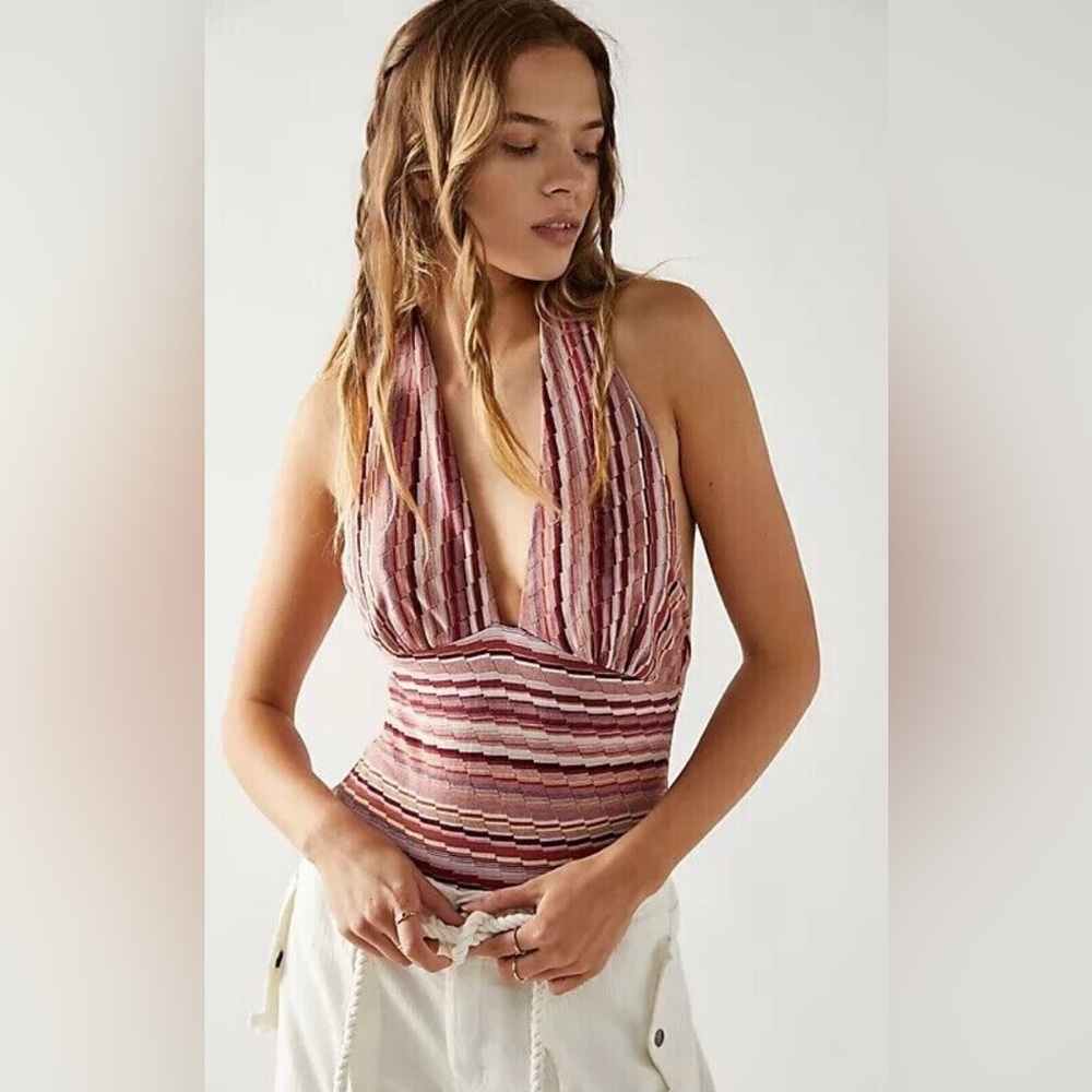 NWOT Free People Retro Babe Striped Halter Top - Pink and Purple size medium